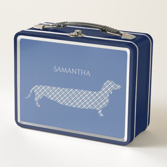 Lunch Box Dachshund plaid sur bleu (Devant)