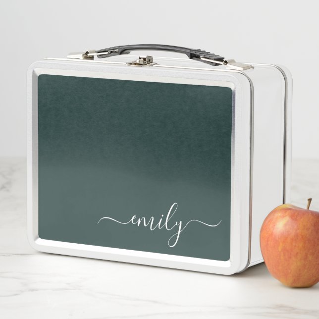Lunch Box Dark Green Modern Script Nom du monogramme (En situation)