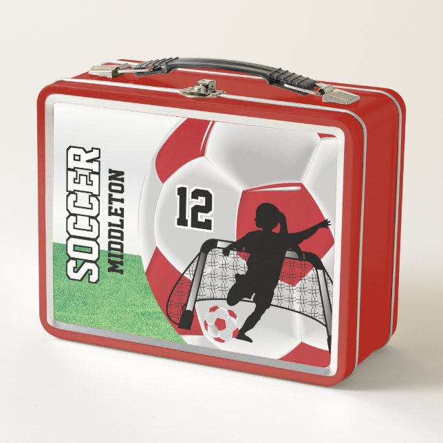 Lunch Box ⚽ de balle de soccer rouge foncé et blanc - Fille  (Devant)