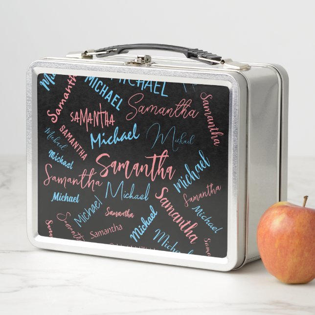 Lunch Box Deux noms couples motif monogramme bleu rose clair (En situation)