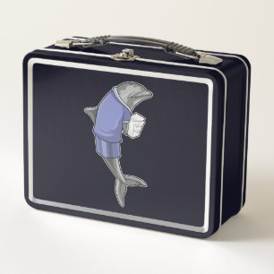 Lunch Box Dolphin as Secretary with Stack of paper