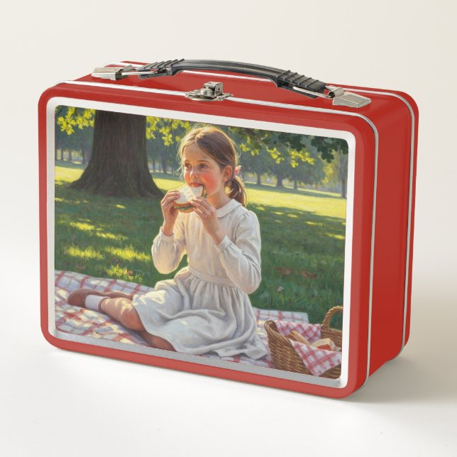 Lunch Box Doux design modeste – Fille mangeant un sandwich (Devant)