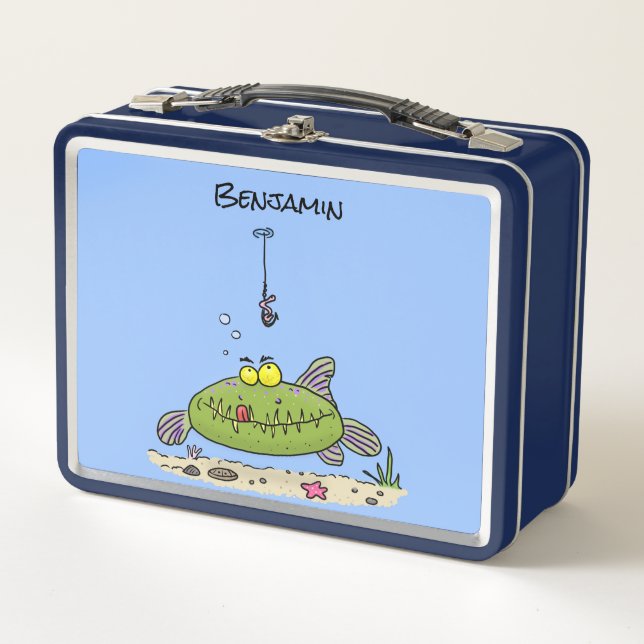 Lunch Box Drôle gras affamé poisson vert dessin de pêche (Devant)