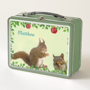 Lunch Box Écureuils mignons & Fruits de pomme sur fond vert