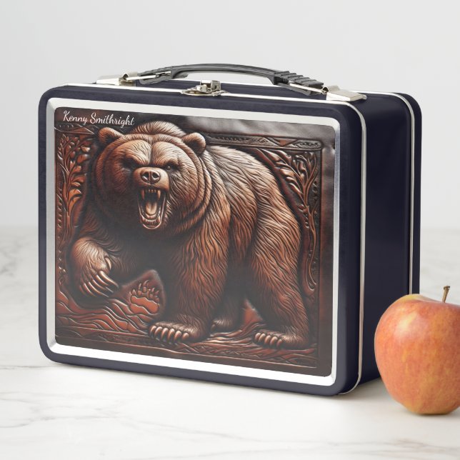 Lunch Box Élégance Savage : Grizzly en cuir incorporé (En situation)