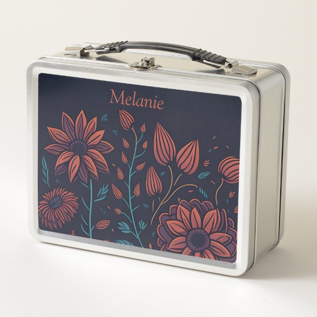 Lunch Box Elégant Floral moderne rouge et bleu Personnalisé (Devant)
