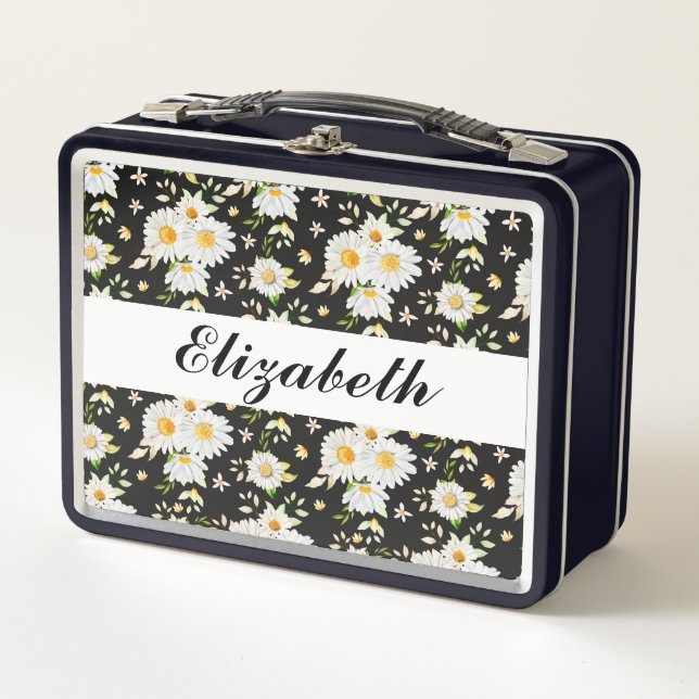Lunch Box Élégant Monogramme noir et blanc Motif de margueri (Devant)