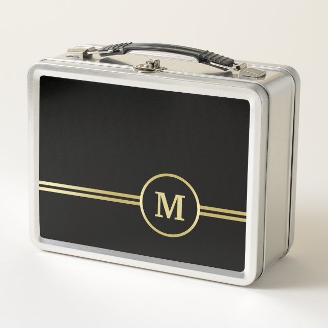 Lunch Box Élégant or Monogramme personnalisé sur noir (Devant)