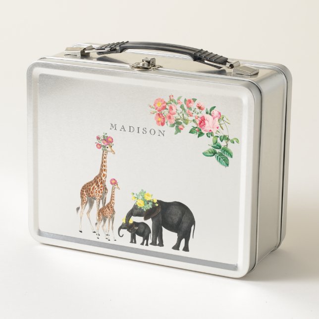 Lunch Box Eléphant mignon & Giraffe Floral Girl Nom personna (Devant)
