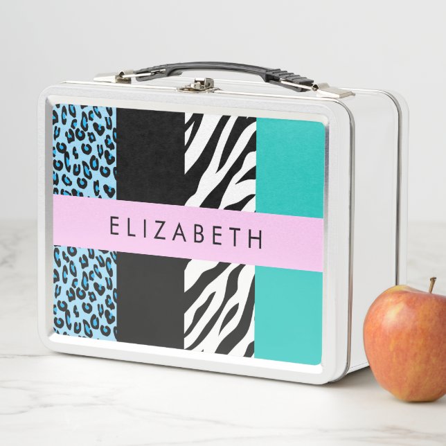 Lunch Box Empreinte de léopard, Zebra Print, Bleu, Votre nom (En situation)