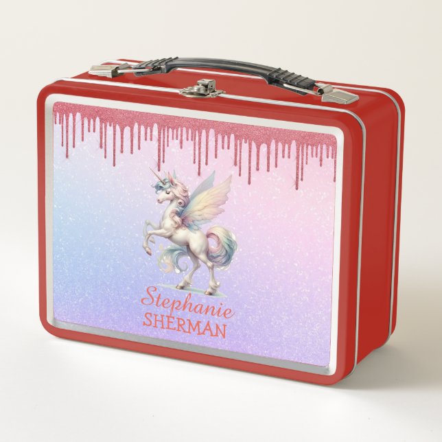 Lunch Box Fée Unicorne goutte rose Parties scintillant rouge (Devant)