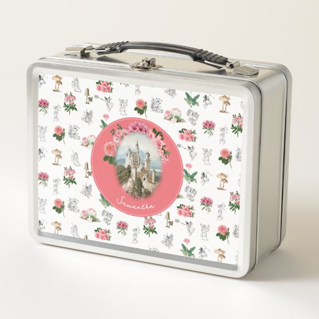 Lunch Box Fées Rose Floral Champignons Fée Château Monogramm (Devant)