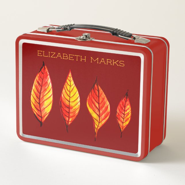 Lunch Box Feuilles d'automne peintes Nom personnalisé Rouge (Devant)