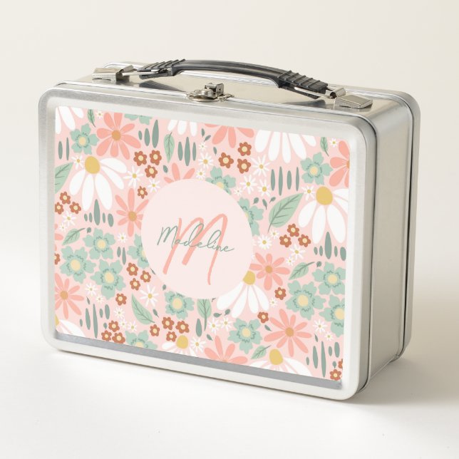 Lunch Box Fille mignonne Rose Fleur sauvage Monogramme Enfan (Devant)