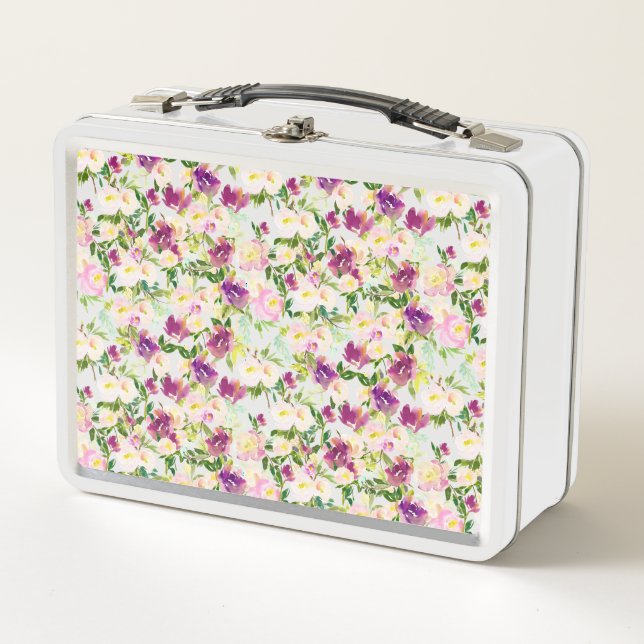 Lunch Box Fille Rose Peach Purple Burgundy Aquarelle Florale (Devant)