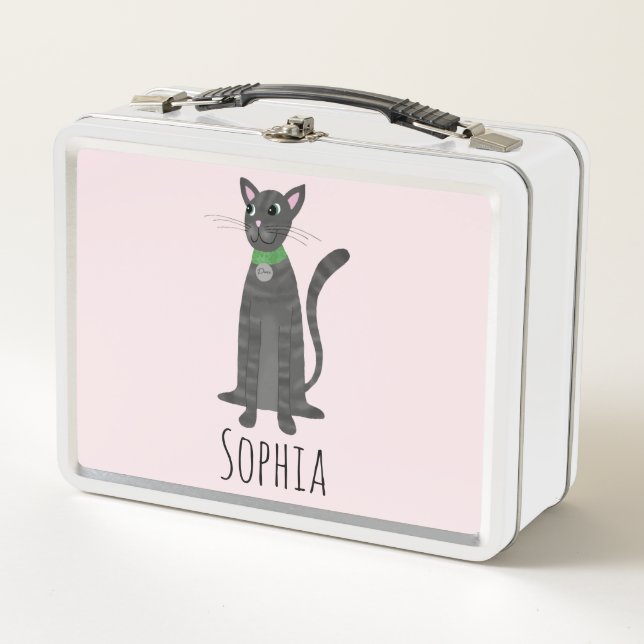 Lunch Box Filles Cute Grey Tabby Kitty Cat Cartoon Enfants (Devant)