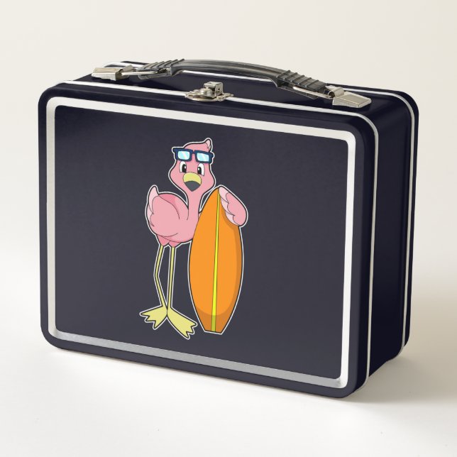 Lunch Box Flamant rose comme Surfer avec Surfboard.PNG (Devant)
