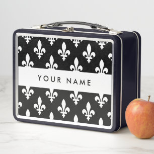 Lunch Box Fleur de Lis, Blanc sur Noir, Blanc, Votre Nom