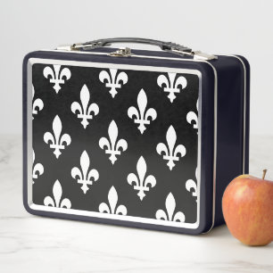 Lunch Box Fleur de Lis Motif, Royal French, Blanc sur Noir