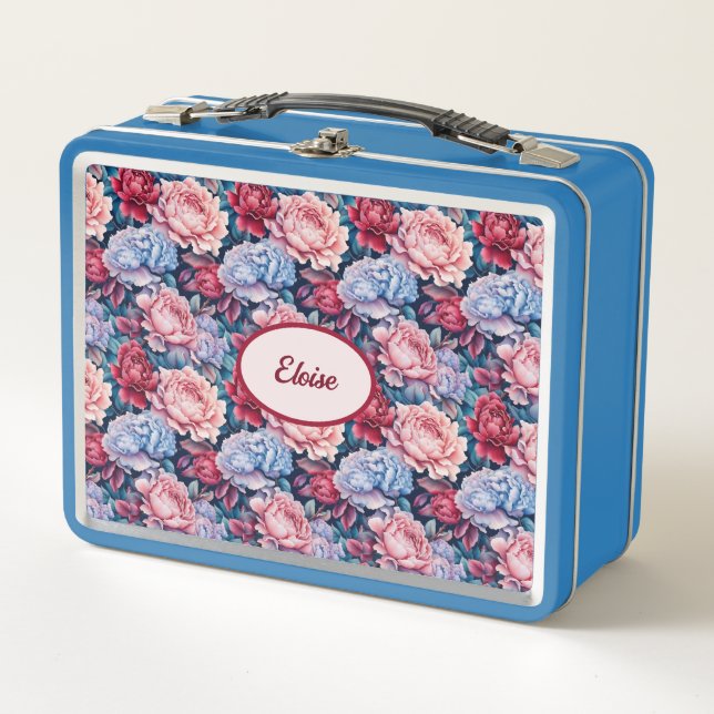Lunch Box Fleurs bleues et roses Personnalisées (Devant)