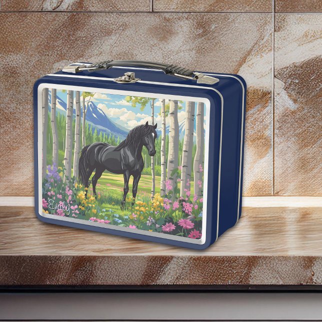 Lunch Box Fleurs de Cheval Noir Pré Rose Bleu Amusant (Black Horse Girls Flowers Meadow Pink Blue Fun Metal Lunch Box - Personalize front and back.)