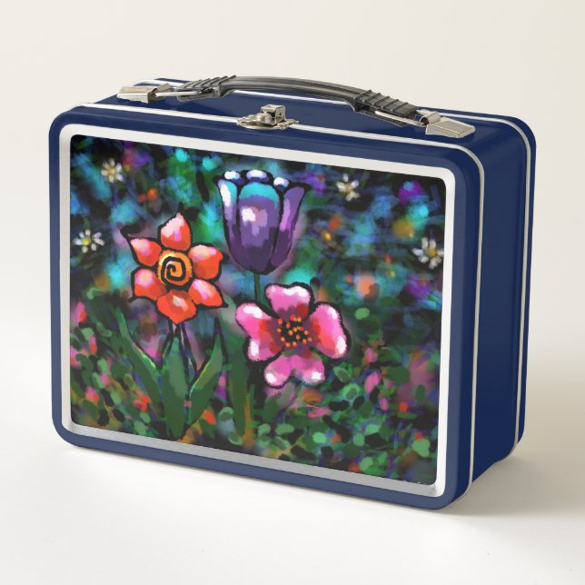 Lunch Box Fleurs florales blanches bleu rose (Devant)