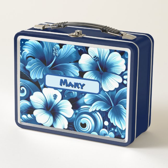 Lunch Box Fleurs hawaïennes tropicales Hibiscus Motif bleu (Devant)