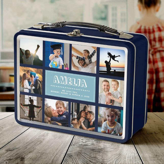 Lunch Box Fun Custom Kids Nom Famille Photo Collage Bleu (Créateur téléchargé)