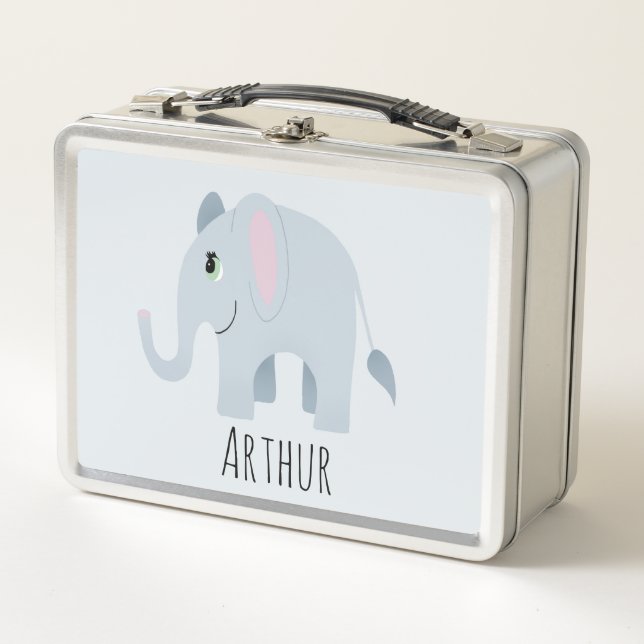 Lunch Box Garçons Bleu Eléphant Safari Nom Enfants (Devant)