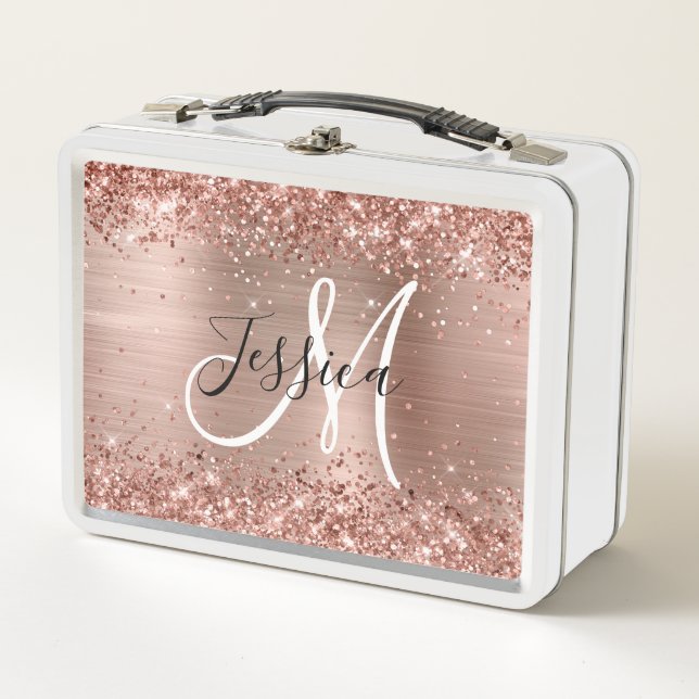 Lunch Box Glitter Rose or huile noir et blanc Monogramme (Devant)