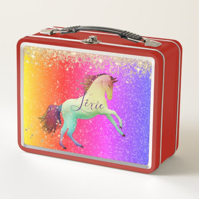 Lunch Box Glittery Rainbow Unicorn Personnalisé (Devant)