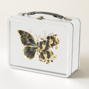 Lunch Box Gold flower Butterfly with Black Orchid