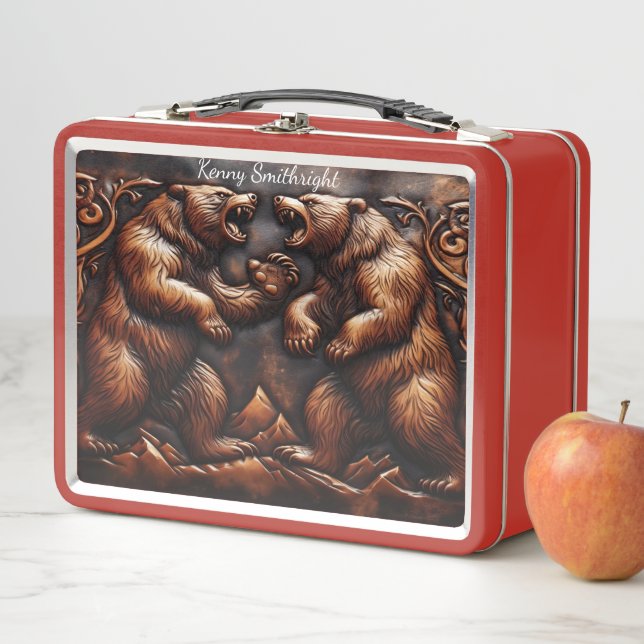 Lunch Box Grizzly en cuir sculpté en mouvement de force (En situation)