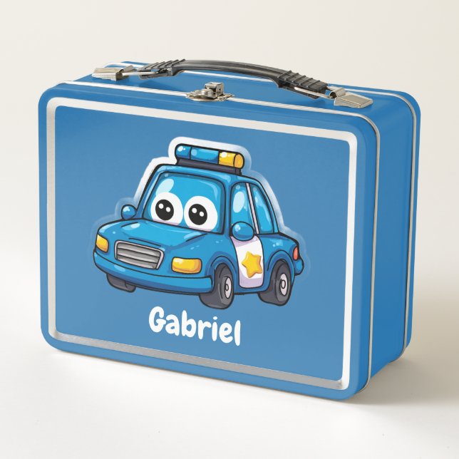 Lunch Box Happy Police Car, Boys, Personalized Blue  (Devant)