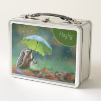Hérisson mignon tenant un parapluie de feuilles