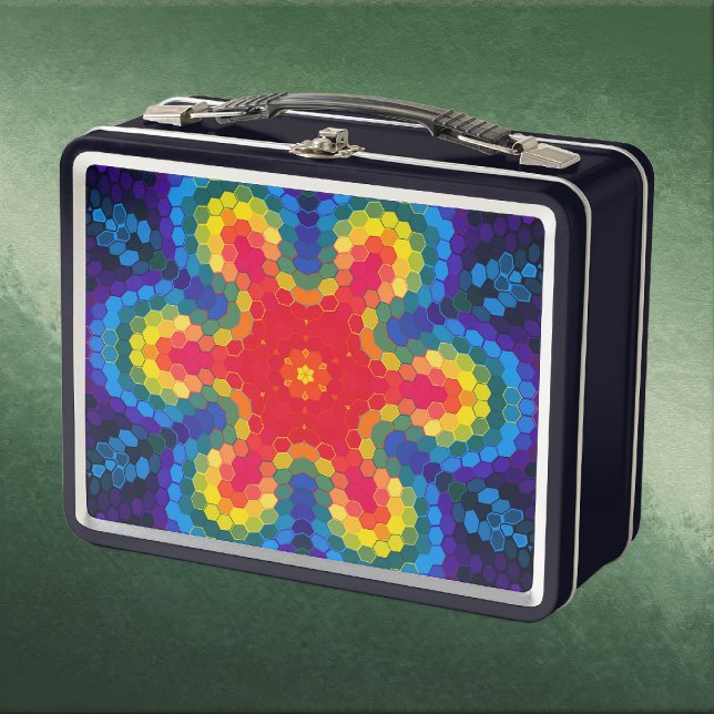 Lunch Box Hex Mandala Red Yellow and Blue (Red Yellow and Blue Hexagon Mandala Metal Lunchbox by Wormhole Orbital)