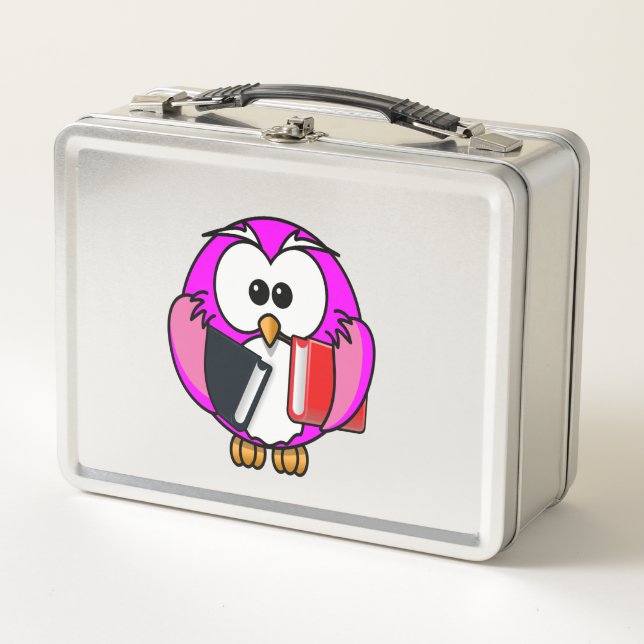 Lunch Box hibou rose et blanc tenant des livres scolaires (Devant)