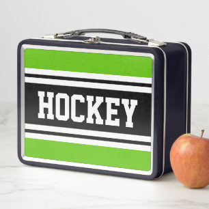 Lunch Box HOCKEY Sporty Black White Green Racing Stripes