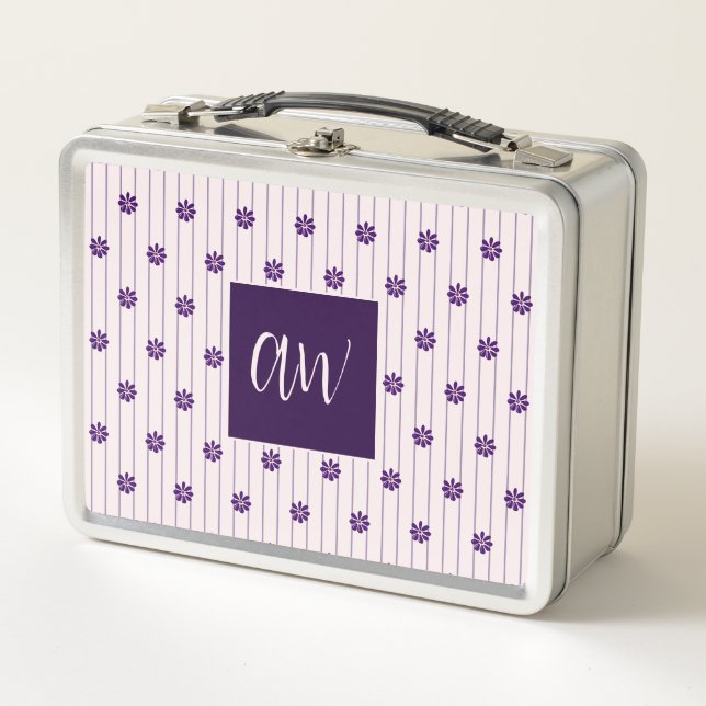 Lunch Box Initiales Blush & Violet Bandes Motif Floral (Devant)
