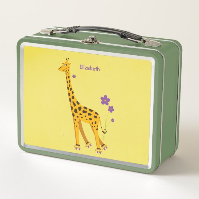 Lunch Box Jaune Drôle Cartoon Giraffe Patinage Nom de la fil (Devant)