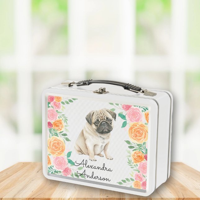 Lunch Box Joli chiot Carlin avec des fleurs d'aquarelle mono (Créateur téléchargé)