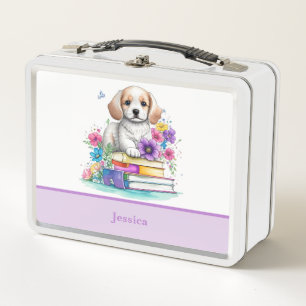 Lunch Box Joli chiot féminin assis sur des livres et des fle