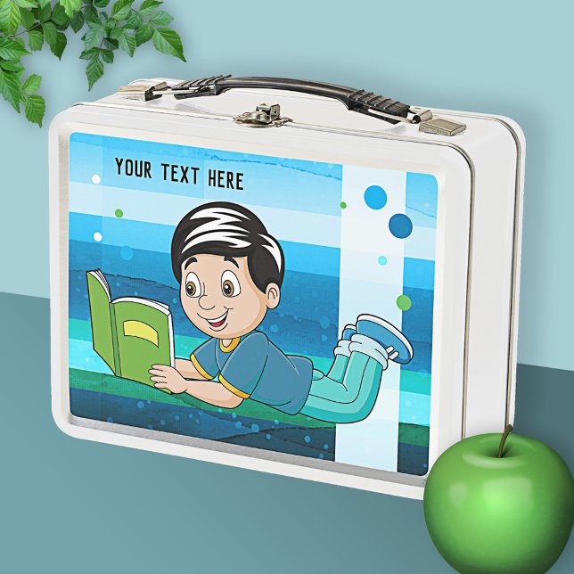 Lunch Box Joli garçon avec livre Boîte à lunch en métal (Lunch box featuring a cute cartoon design with a boy reading a book.)