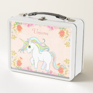 Lunch Box Joli licorne et fleurs sur rose clair