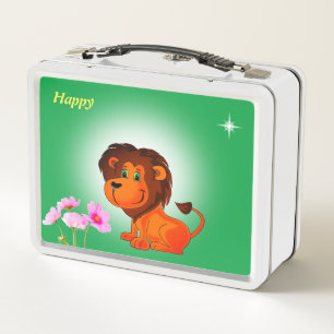 Lunch Box Joli lion, fleurs et étoile sur vert