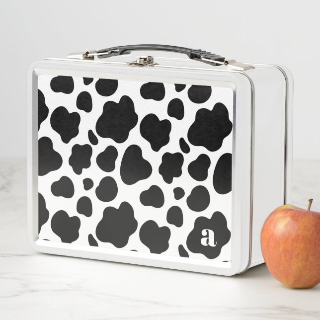 Lunch Box Joli Motif de vache noir et blanc moderne Monogram (En situation)