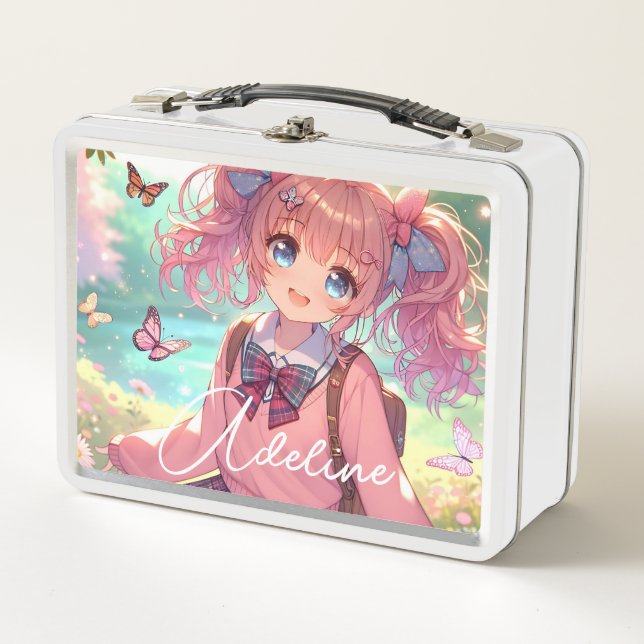 Lunch Box Jolie fille Anime en Pigtails Roses (Devant)