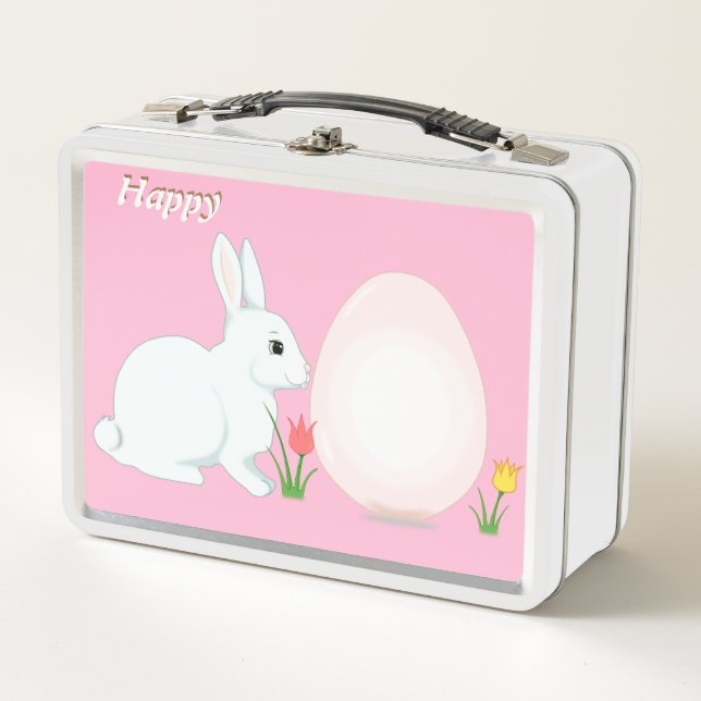Lunch Box Joyeux lapin, oeuf et fleurs sur rose (Devant)