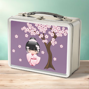 Lunch Box Kimonon rose Kawaii Poupée Kokeshi sur fond violet
