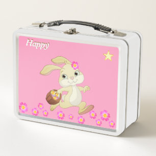 Lunch Box Lapin heureux mignon, fleurs et étoile sur fond ro
